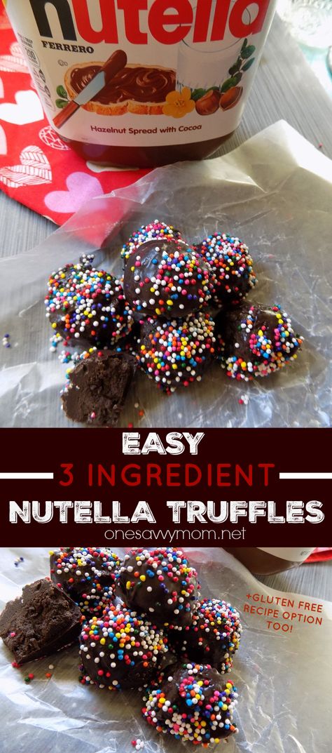 Easy 3 Ingredient Nutella Truffles Recipe + Gluten Free Recipe Option Too! These make delicious homemade sweet treats for Valentine's Day Gifts! Homemade Sweet Treats, Nutella Truffles, Gluten Free Valentines, Yummy Bites, Truffles Recipe, Baking Stuff, Recipe Gluten Free, Baking Goods, Gluten Free Recipe