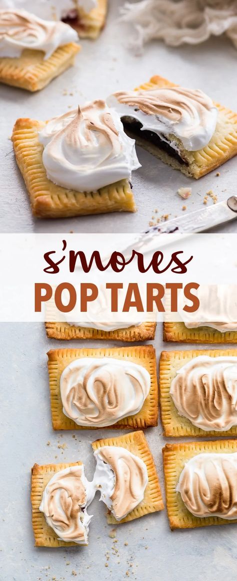 S’mores Pop Tarts (Gluten Free) - How to take the humble pop tart to new heights: make s’mores pop tarts by stuffing them with chocolate and smothering them with marshmallow meringue frosting. Now doesn’t that sound heavenly? Pop tart recipe. S’mores dessert recipe. Marshmallow desserts. Swiss meringue. Gluten free dessert recipes. Easy dessert ideas. Gluten free pie crust. Gluten free pie dough. #poptarts #smores #chocolate #marshmallows #meringue #glutenfree #dessert #recipes Gluten Free Holiday Baking, Pop Tart Recipe, Gluten Free Pop Tarts, Smores Dessert Recipes, Gluten Free Dessert Recipes, Marshmallow Meringue, Marshmallow Desserts, Poptart Recipe, Smores Dessert