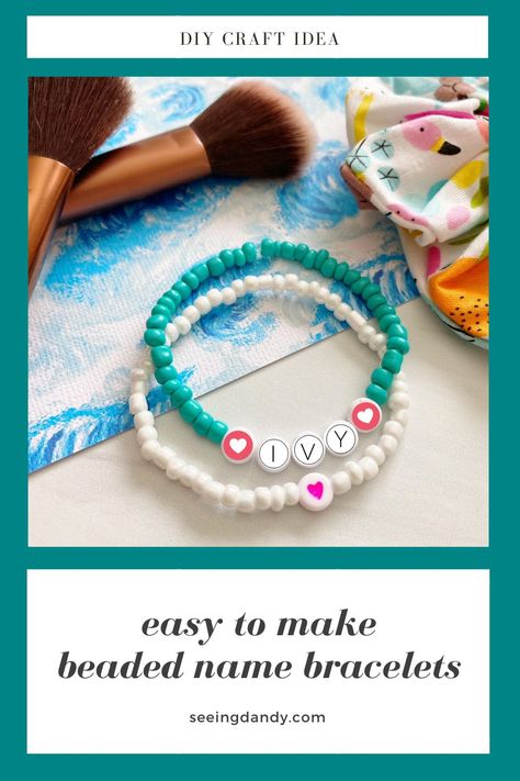 Popular in the 80's and 90's, beaded alphabet name bracelets are back! Easy to make using round letter beads and the perfect DIY craft for kids. #diy #bracelet #easycraft #kidscraft #beads Alphabet Bracelets Diy, Ivy Name, Kids Crafts Easy, Diy Craft For Kids, Bracelets Kids, Cousin Camp, Letter Bead Bracelets, Toddler Bracelet, Alphabet Names