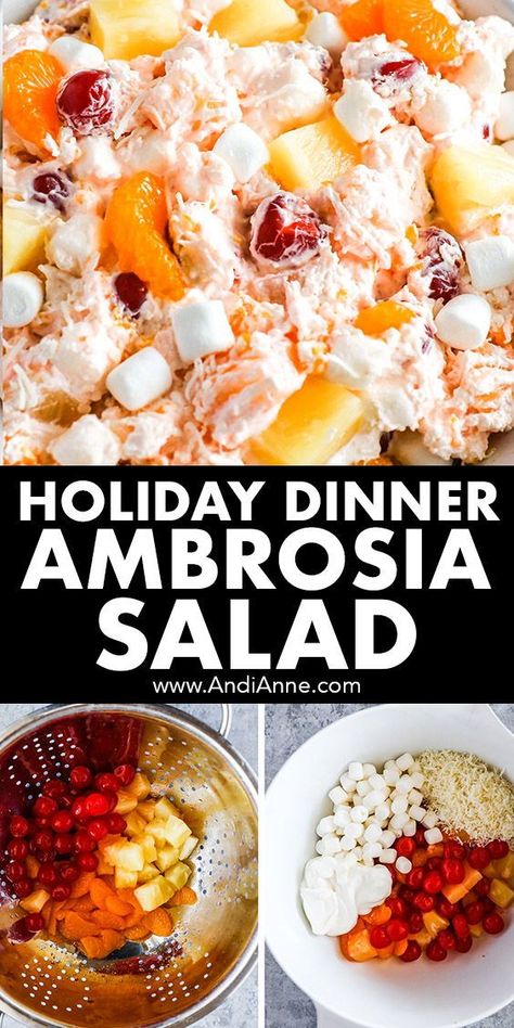 I have fond memories of this salad being served at Christmas dinner at my Grandmother’s house. I know I’m not alone on this as many people remember ambrosia salad from their childhood. There’s something very comforting about it’s light and fluffy texture with bits of sweet fruit. Perfect for any holiday dinner including Thanksgiving and Easter. Fall Ambrosia Salad, Christmas Ambrosia Salad, Thanksgiving Ambrosia Salad, Orange Jello Salads, Ambrosia Fruit Salad, Easy Mashed Potatoes, Motherhood Tips, Maraschino Cherries, Mandarin Oranges