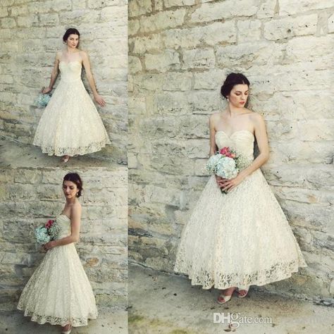 Discount 2017 Vintage Tea Length Bohemian Wedding Dresses Sweetheart Neck Full Lace Chic Rustic Beach Garden Bridal Gowns Custom Made Plus Size Wedding Dresses Lace Vintage Wedding Dresses Online Sale From Verawhite, $126.63| DHgate.Com 1950s Wedding Dress Tea Length, Ankle Length Wedding Dress, Tea Length Wedding Dresses, Bridal Gowns Plus Size, Plus Size Vestidos, Lace Sweetheart Wedding Dress, Short Lace Wedding Dress, How To Dress For A Wedding, Popular Wedding Dresses