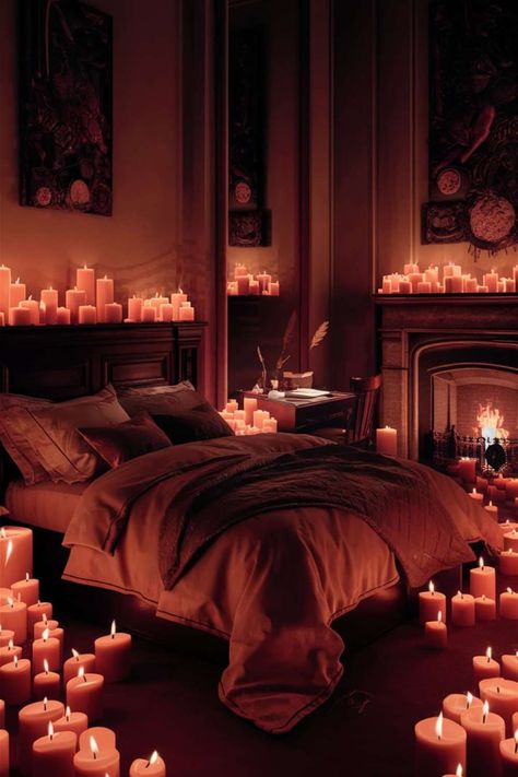 Romantic Candle-Lit Bedroom Ambiance Dark Romance Bedroom, Sensual Bedroom Decor, Romantic Candle Lit Bedroom, Candlelit Bedroom, Candle Light Bedroom, Romantic Bedroom Lighting Ideas, Candles In Bedroom, Romantic Candles Bedroom, Bedrooms Ideas For Couples