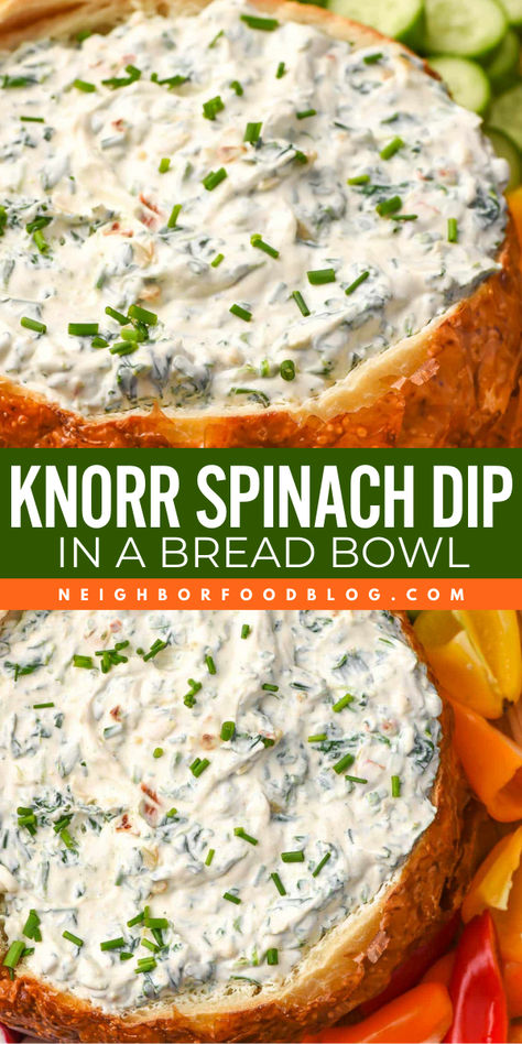 Celebrate 4th of July with this 4th of July appetizer recipe! You'll love this creamy and flavorful knorr vegetable dip recipe. Pin this knorr spinach dip recipe for more easy party snack ideas! Spinach Dip Serving Ideas, Baked Spinach Dip In Bread Bowl, Cold Spinach Dip In Bread Bowl, Easy Cold Spinach Dip, Knorr Spinach Dip Recipe Easy, Spinach Dip With Knorr Vegetable, Dips In Bread Bowls, Bread Dips Recipes Appetizers, Spinach Dip Knorr Recipe