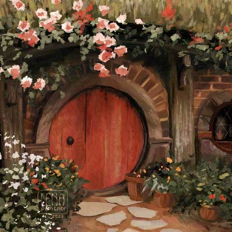 Hobbit Art, Cottagecore Art, Earth Sheltered, Tolkien Art, Lotr Art, Hobbit Hole, Sip N Paint, Art Practice, Middle Earth