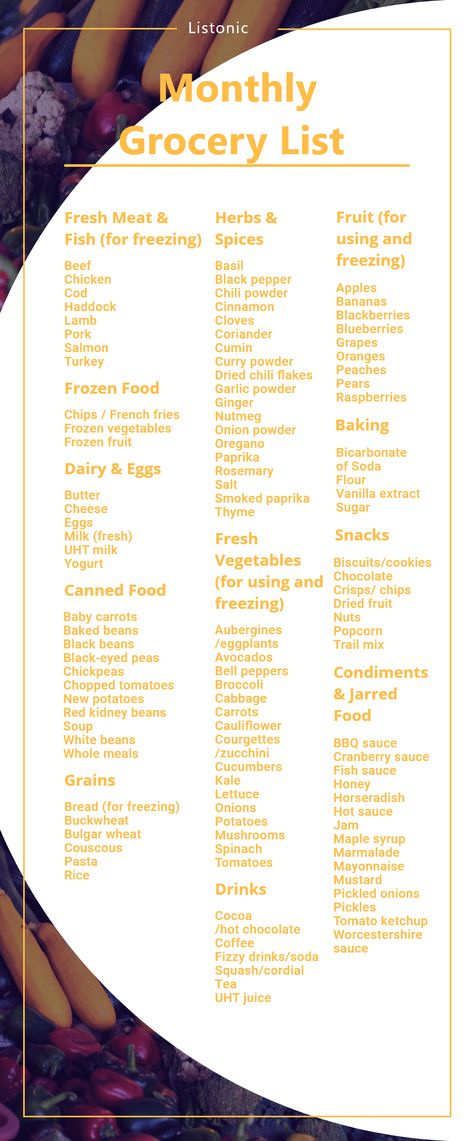 Shopping only once a month can save you time and money! Use this monthly grocery list to make sure you get everything you need every 30 days. French Fries Frozen, Carrots Baked, Monthly Grocery List, Kidney Bean Soup, Monthly Shopping, Freezing Chicken, Master Grocery List, Beans Soup, Uht Milk