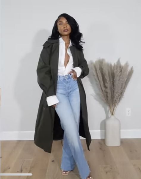 Chic Monochromatic Outfit, Housewarming Outfit Ideas Fall, Jeans W Heels Outfit, Body On Dress With Cardigan, Graduation Outfits Winter, Networking Event Outfit Black Woman, Luxury Winter Outfits Black Women, Sweater And Trench Coat Outfit, Flare Jeans Heels Outfit