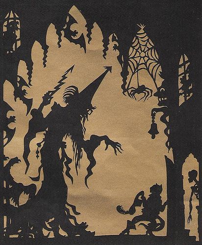 Still from Frog Prince, early animation, pre-carton, worth looking at the original blogpost, absolutely fascinating! Spooky Silhouettes, Halloween Silhouettes, Halloween Witches, Shadow Puppets, Halloween Images, Theme Halloween, Witch Art, Halloween Paper, Halloween Pictures