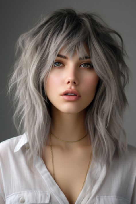 Wolf Curtain Bangs, Soft Face Framing Bangs, Medium Length Edgy Hair, Silver Hair Curtain Bangs, Modern Shag Haircuts Curtain Bangs, Alternative Hair Curtain Bangs, Edgy Bangs With Long Hair, Wolf Cut No Bangs, Wolf Shag Haircut