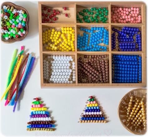 The Montessori math curriculum is based on very concrete materials, designed to effectively teach abstract mathematical concepts to young children. A child is first introduced to number rods, which are quite substantial to hold and carry, so the child very concretely feels that one is small and ten is big! Eventually, a child is introduced to Montessori Beads, which further bridge the gap between the abstract numeral symbolization and the concept of quantity. Beads are tactile and the child ... Montessori Beads, Montessori Math Activities, What Is Montessori, Preschool Valentine, Infant Lesson Plans, Class Gifts, Montessori Elementary, Diy Montessori, Montessori Lessons