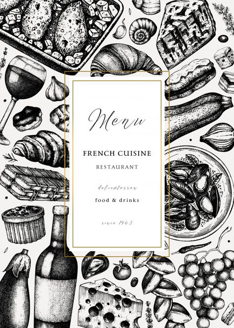 French Food Illustration, French Menu Design, French Packaging, Cocktail Book Design, Fine Dining Menu, Recipe Menu, Restaurant Menu Covers, Bistro Menu, Dining Menu