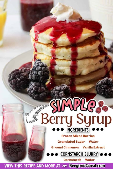 How to make a delicious and easy berry syrup for pancakes.This recipe uses frozen fruit but can be used with fresh for a perfect summer breakast treat. With just a few minutes you can pull together this simple syrup and have a tasty stack of pancakes! Homemade syrup is so easy and healthy it's crazy. You're going to love this mixed berry sauce for pancakes and waffles. Berry Sauce For Pancakes, Berry Syrup Recipe, Sauce For Pancakes, Frozen Berry Recipes, Fruit Syrup Recipe, Mixed Berry Sauce, Waffle Syrup, Watermelon Smoothie Bowl, Syrup For Pancakes