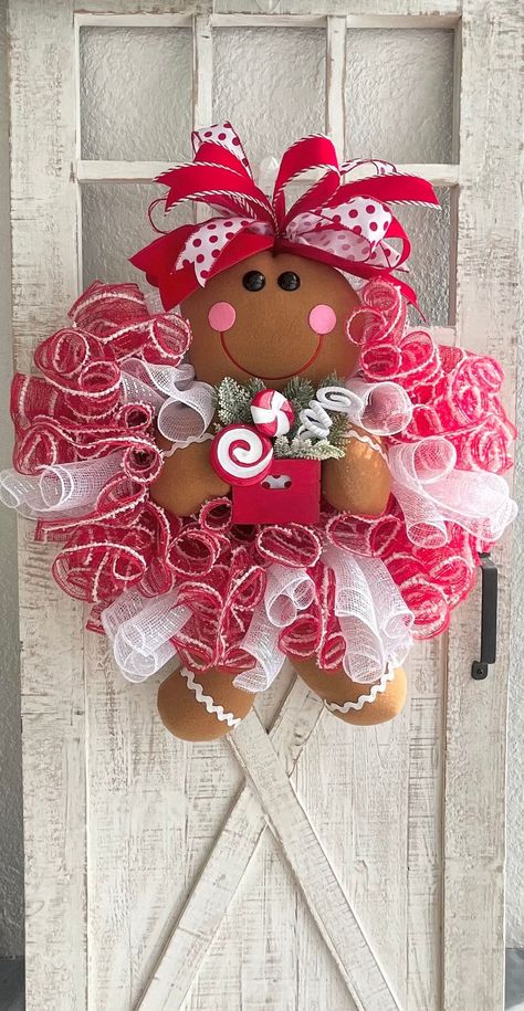 Gingerbread Girl Christmas Peppermint Wreath for Front Door, Gingerbre – PoufDesignsbyValerie Gingerbread Girl Wreath, Peppermint Wreath, Christmas Wreath Designs, Christmas Peppermint, Christmas Mesh Wreath, Candy Wreath, Gingerbread Christmas Decor, Fun Wreath, Peppermint Christmas