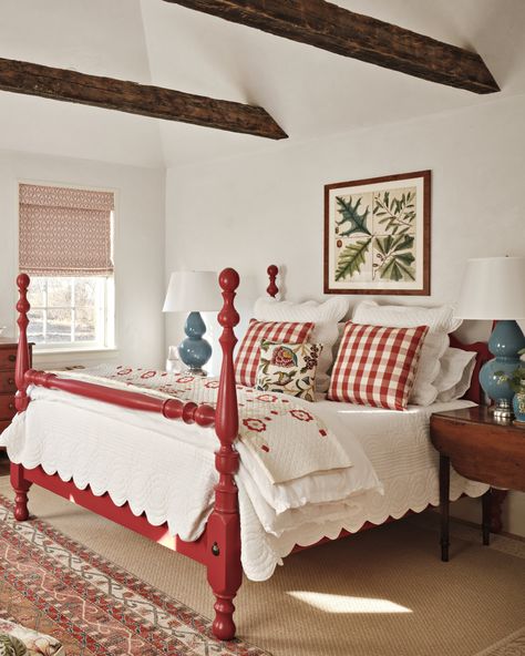 Cherry Wood Four Poster Bed, Bedroom With Red Accents, Red Toile Bedroom, Gingham Bedroom, Toile Bedroom, Americana Bedroom, Four Poster Bedroom, Layered Textiles, Painted Headboard