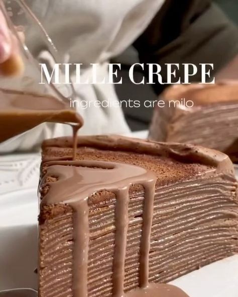 Chocolate | Desserts on Instagram: "Milo - known as the childhood drink of children, this is also an ingredient that you can refer to for crepes. 🎥 by @vykhuefoodstylist This crepe is quite large, if it’s half the recipe you’ll need a smaller pan. Divide the recipe by ½ if it feels too much for you. CT for cake size 28cm 6 eggs 150-200g sugar 240gmilk 240g allpurpose flour 100g Milo powder 480g milk Milo Cream: 200g whipping cream 100g milo flour Instruct: Step 1: Mix eggs, sugar, fresh milk, flour, milo flour. Milk for this recipe is 720g, divided into 2 times because the milo powder is easy to clump. After mixing everything, you should sift the mixture and let the dough rest for 30-45 minutes. Step 2: Let the pan have a stable medium temperature, spread a thin layer of oil. Thin s Crispy Crepe Recipe, Crepe Cake Chocolate, Milo Cake, Mille Crepe Cake, Crepe Cake Recipe, Crepe Ingredients, Crepe Recipe, Mille Crepe, Crepe Cake