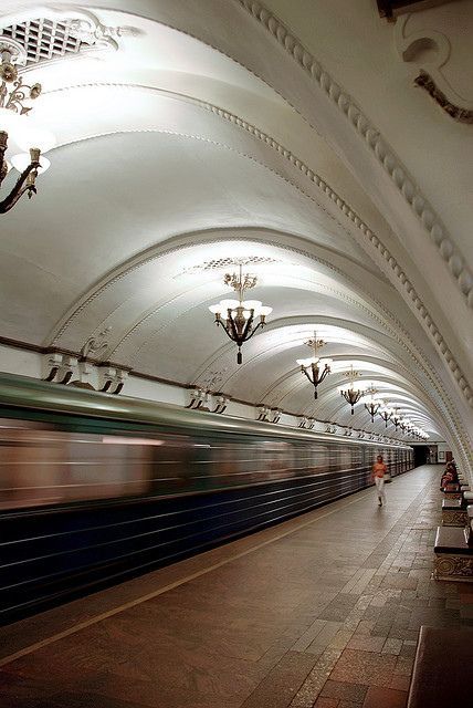 The Moscow Metro is a rapid transit system serving Moscow, Russia and the neighbouring Moscow Oblast towns of Krasnogorsk and Reutov. Opened in 1935 with one 11-km line and 13 stations, now has 188 stations and its route length is 313.1 km, it was the first underground railway system in the Soviet Union. The system is mostly underground. The Moscow Metro is the world's second most heavily used rapid transit system after Seoul Metropolitan Subway.: 90 Pictures, Ornate Ceiling, Moscow Metro, Timeless Architecture, Night Watch, Russian Architecture, Russia Travel, Rapid Transit, U Bahn