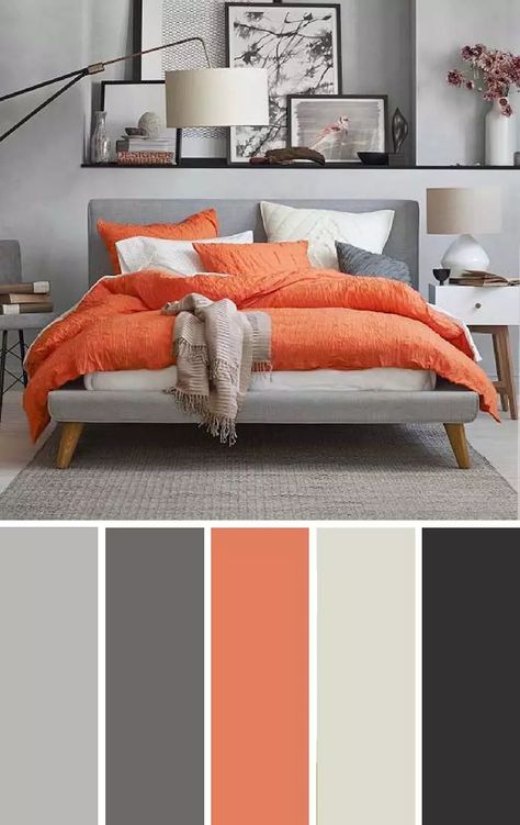 Grey Orange Bedroom, Choosing Bedroom Colors, Beautiful Bedroom Colors, Bedroom Orange, Design Blogs, Grey Bedroom, Grey Color Scheme, Bedroom Color, Room Color Schemes