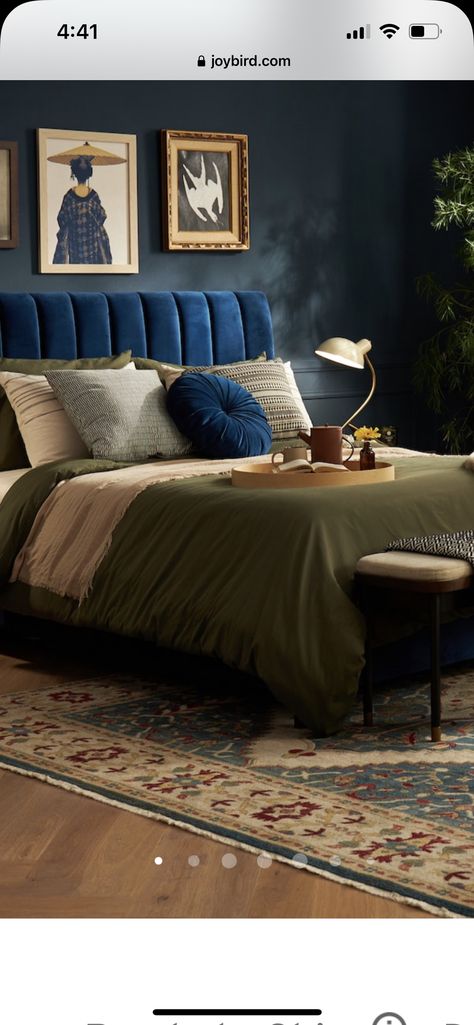 Bedroom With Blue Bed Frame, Green Wall Blue Bed, Navy Mcm Bedroom, Velvet Blue Bedroom Ideas, Dark Blue Bed Frame Bedroom Ideas, Blue Bedframe Bedroom Ideas Velvet, Blue Bed Decor Ideas, Navy Blue Bed Frame Bedroom Ideas, Blue Velvet Bed Frame Bedroom Ideas