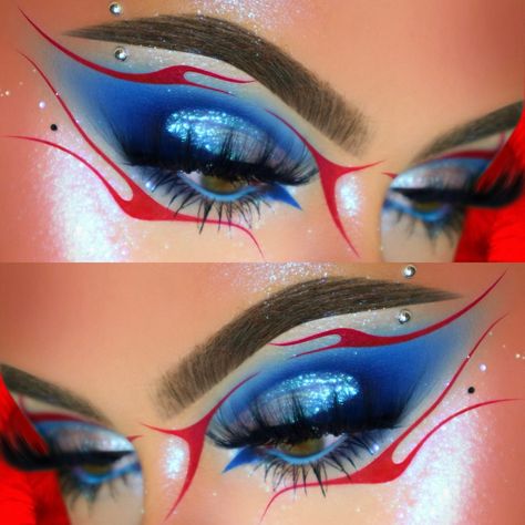 Blue Fire Makeup, Red White Blue Makeup, Red White And Blue Makeup Looks, Red And Blue Makeup Looks, Red And Blue Eyeshadow Looks, Fourth Of July Makeup Looks, Patriotic Makeup Eye, Blue And Red Makeup, Red White And Blue Makeup