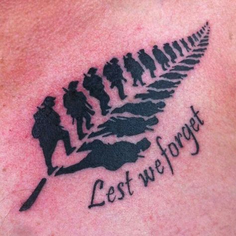 Lest we forget in remembrance soldier tattoo in Fern leaf design tattoo.... beautiful Best Mens Tattoos, Anzac Tattoo, Lest We Forget Tattoo, Mens Tattoos, Soldier Tattoo, Patriotic Tattoos, Fern Tattoo, Army Tattoos, Maori Tattoos