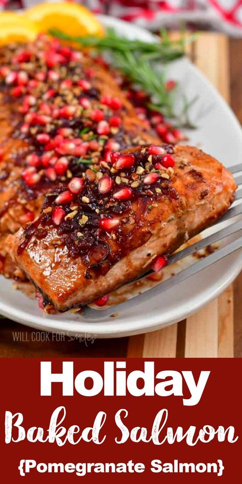 Baked Salmon recipe that will be a beautiful main course for your holiday dinner! This whole salmon filet is juicy, tender, and incredibly flavorful baked in a pomegranate sauce. Top it off with pomegranate seeds, pecans, and some fresh rosemary for a stunning holiday dish. Salmon Thanksgiving Recipe, Pomegranate Salmon Recipes, Salmon For Christmas Dinner, Large Salmon Filet Recipes, Christmas Meat Ideas Main Dishes, Salmon Filet Recipes Baked, Salmon Thanksgiving Dinner, Christmas Dinner Salmon, Holiday Salmon Recipes