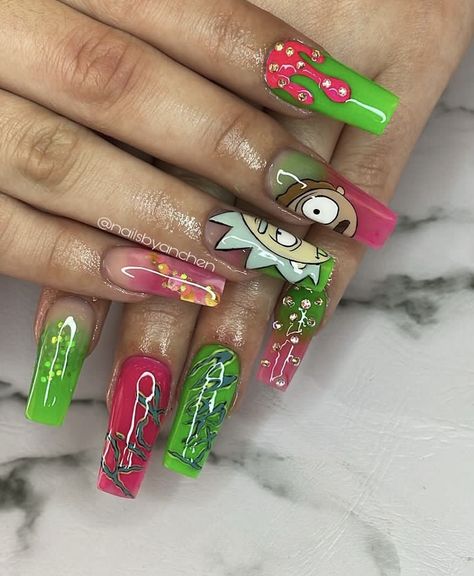 Rick And Morty Acrylic Nails, Rick Morty Nails, Rick And Morty Nail Designs, Cocomelon Nails, Rick And Morty Nails Acrylic, Rick And Morty Nail Art, Cartoon Art Nails, Rick And Morty Nails, Nail Competition