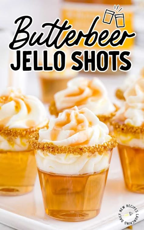 Butterbeer Jello Shots - Spaceships and Laser Beams Butterscotch Jello Shots, Butter Beer Jell-o Shots, Butterbeer Jello Shots, Captain Morgan Jello Shots, Butterbeer Shots, Thanksgiving Jello, Alcoholic Butterbeer, Hello Shots, Cocktail Board