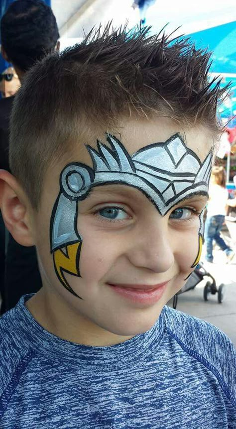 Mark Reid Thor Face Painting Design Avengers Face Painting, Thor Face Paint, Knight Face Paint, Halloween Makeup Looks For Kids, Avengers Face Paint, Super Hero Face Paint, Superhero Face Paint, Boy Face Paint, Superhero Face Painting