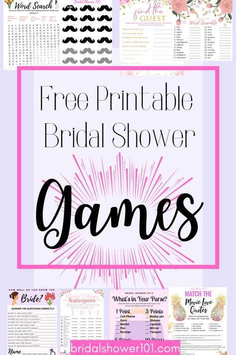 free printable bridalshower games. bridal bingo, word search. pin the mustach on the groom. find the guest. bridal trivia. what's in your purse? Bridal Shower Ring Game Printable Free, Bridal Shower Paper Games, Bridal Games Free Printables, Find The Guest Bingo Free Printable, Kitchen Tea Games Free Printable, Bridal Shower Bingo Game, Free Printable Wedding Shower Games, Games For Bridal Showers Free Printable, Pin The Veil On The Bride Game