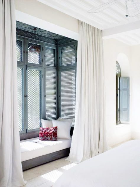 The Prettiest Hotel in Morocco | lark & linen Bay Window Decorating Ideas, Manchester Tan, Design Ložnic, Moroccan Bedroom, Window Ledge, White Bed, 아파트 인테리어, Bedroom Windows, Tiny Bedroom