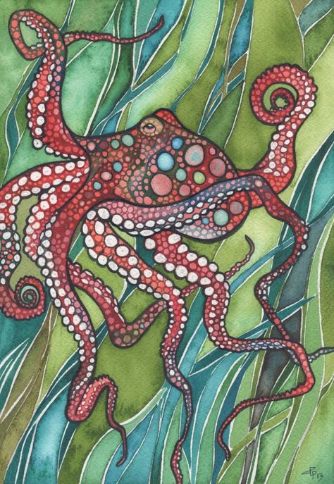 Tamara Phillips WATERCOLOR Tamara Phillips, Octopus Painting, Red Octopus, Octopus Print, Octopus Art, Tile Murals, Sea Art, Arte Animal, Grass Green