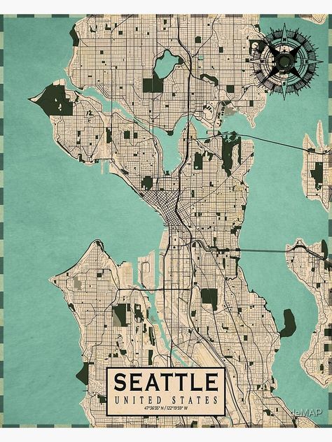 Seattle Map, Seattle Poster, Washington Map, Retro Map, Seattle City, Washington Usa, Map Wall Art, Historical Maps, City Maps