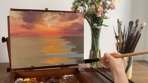 Sunset Painting Tutorial: Step By Step Oil Painting Tutorial, Canvas Painting Tutorials, Sunset Painting, Beautiful Nature Scenes, Nature Scenes, Painting Tutorial, Bird Art, Beautiful Nature, Canvas Painting