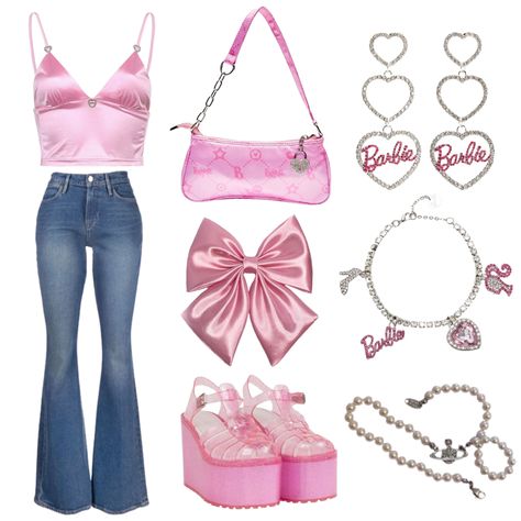 Preppy Barbie Outfit, Pink Early 2000s Outfits, 2000 Pink Outfit, Early 2000s Girly Fashion, Pink Y2k Outfit Layout, Pink Y2k Outfit 2000s, Pink Y2k Aesthetic Outfits, Outfit Ideas Y2k Pink, Barbiecore Clothes