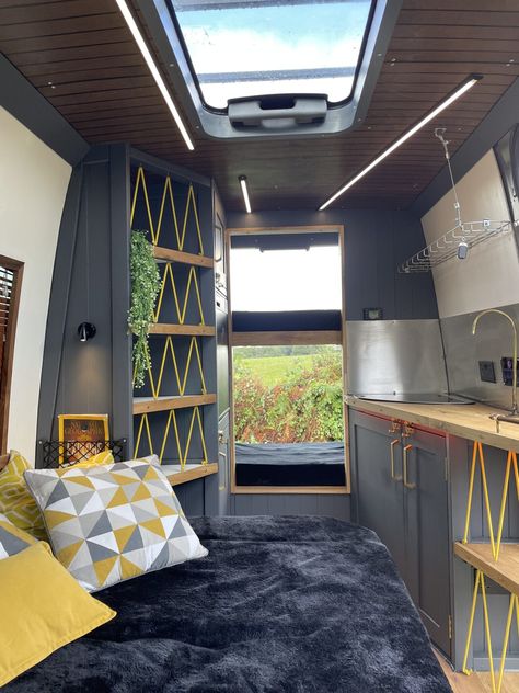 Blue Campervan Interior, Modern Campervan Interiors, Camper Van Lighting, Stealth Van, Caravan Living, Motorhome Interior, Mobile Living, Campervan Life, Build A Camper Van