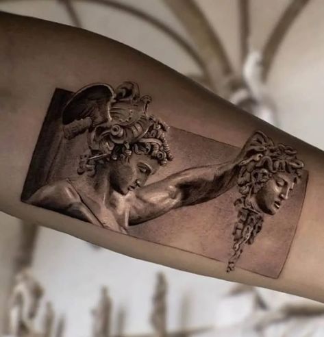 Medusa Tattoos: What Do They Symbolize? (With Images) Perseus And Medusa Tattoo, Perseus Tattoo, Medusa Tattoo Meaning, Perseus And Medusa, Greek God Tattoo, Medusa Tattoo Design, History Tattoos, Statue Tattoo, Greek Mythology Tattoos