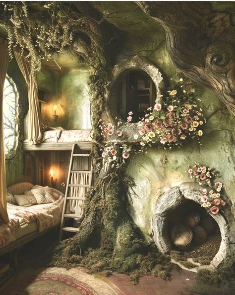 Hobbit Hole Bedroom, Fairytale House Interior, Fairytale Cottage Interiors, Forest Bedroom Aesthetic, Enchanted Forest Room, Fantasy House Interior, Coquette Garden, Cottagecore Houses, Boho Sunroom