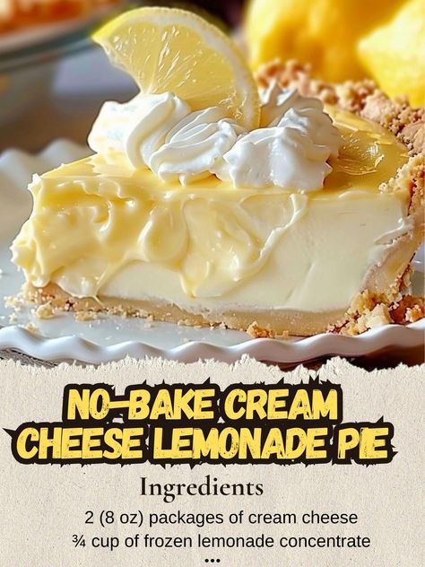 (20+) Lisa Recipes - No-Bake Cream Cheese Lemonade Pie Whip up this... | Facebook Cream Cheese Lemonade Pie, Tasteful Recipes, Lemonade Pie, Creamy Pie, Lemonade Concentrate, Frozen Lemonade, Lemon Pudding, Evaporated Milk, Sweet Treat