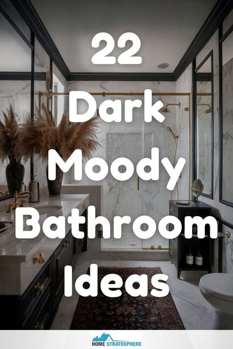 A sophisticated dark moody bathroom with marble surfaces, pampas grass decor, and gold accents, exuding a sense of modern elegance. Dark Moody Bathroom, Moody Bathroom Ideas, Moody Bathroom, Dark Bathroom Ideas, Dark Bathroom, Dark Bathrooms, Can Crafts, Painting Bathroom, Bathroom Ideas