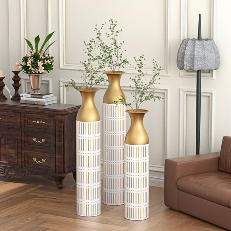 PRICES MAY VARY. Set of 3 Large Floor Metal Vase: 3 size vases set, perfect for floor decor, also a perfect centerpiece for table, shelf, mantel etc. You can mix any number of sizes for a creative and classic look. Premium Material & Crafts: Farmhouse Metal Vase Set is well crafted of premium raw materials during each step of production, metal body has been thickened, more durable and less deformed. Perfect technique on seams and solid. Modern & Farmhouse Style: This set of metal vases have a un Large Vases Decor, Floor Standing Vase, Metal Vases, Floor Vases, Metal Floor, Cylinder Vase, Metal Vase, Functional Decor, Vase Centerpieces