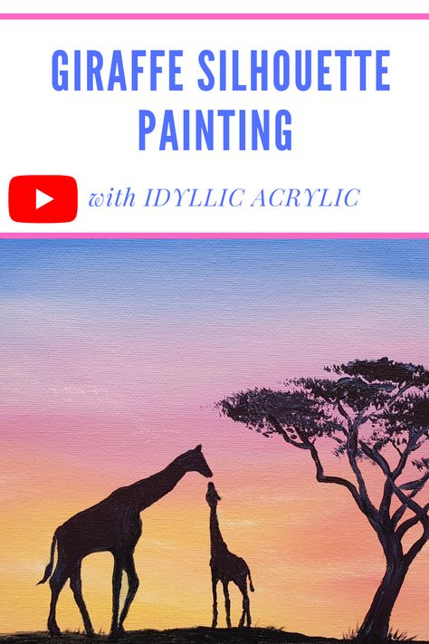 Follow the video painting tutorial to create this gorgeous giraffe silhouette painting. It's super easy for beginners and makes a great gift. Silhouette painting is fun, quick and easy to do, so why not give it a try. Only a few colours are used, which makes it simple for beginners. #acrylicpainting #painting #dailypainting #paintinglessons #canvaspainting #satisfying how to paint/learn to paint/paint from home/painting for beginners/painting lessons/painting tutorials/painting videos Easy Animal Paintings For Beginners, Giraffe Painting Easy, Silhouette Paintings, Easy Acrylic Painting For Beginners, Sunset Paintings, Video Painting, Giraffe Silhouette, Art Demonstrations, Simple Oil Painting