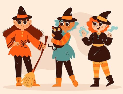 Hand drawn flat halloween witches collec... | Free Vector #Freepik #freevector #halloween-illustration #assortment #spooky #halloween Costume Illustration, Halloween Witches, Halloween Illustration, Witch Costume, Psd Icon, Vector Hand, Halloween Witch, Vector Photo, Rock Painting