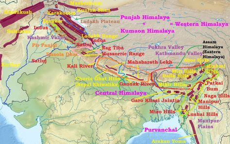 Himalayas – Regional Divisions Himalayas Map, Eastern Himalayas, Geography Vocabulary, Indian Geography, Indian Himalayas, Indus River, River System, Brahmaputra River, Indian Arts