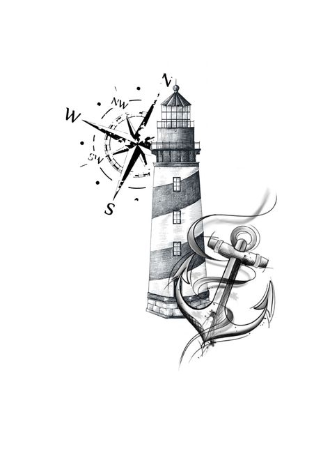 Lighthouse And Compass Tattoo, Lighthouse Tattoo Meaning, Tattoo Mom, Friends Tattoo, Compass Drawing, Lighthouse Tattoo, Anchor Tattoos, Nautical Tattoo, Tattoo Art Drawings