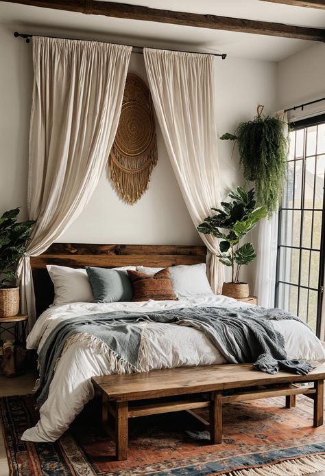 Guest Bedroom Boho Farmhouse, Master Bedrooms Boho Chic, Off White Walls Bedroom, Cozy Neutral Bedding Ideas, Cute Boho Decor, Zen Guest Bedroom Ideas, Wood Inspired Bedroom, Dreamy Room Cozy Bedroom Relaxing, Relaxed Bedroom Ideas