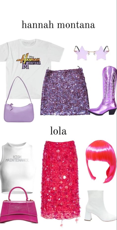 Halloween costume from Hannah Montana the popular Disney TV show. Lola and Hannah Montana who are best friends also known as Emily Osment as Lola and Miley Cyrus as Hannah Montana. Lola Halloween Costume, Movies Halloween Costumes, Halloween Costumes One Person, One Person Halloween Costumes, Adults Halloween Costumes, Fun Halloween Outfits, Cute Group Halloween Costumes, Halloween Costume Suit, Matching Halloween Costumes