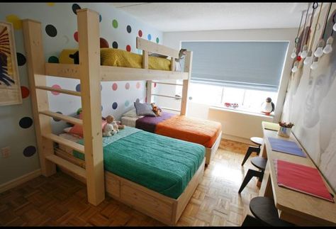 Three Beds, Kids Room Design Ideas Triplets Bedroom, Small Kids Bedroom, Triple Bunk Beds, Modern Bunk Beds, Triple Bunk, Bunk Beds With Stairs, Kid Bedroom, Bunk Bed Designs, Space Bedding