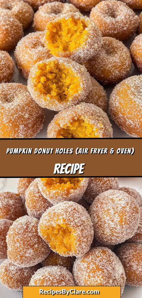 Enjoy these warm and fluffy Pumpkin Donut Holes made in the air fryer, coated in cinnamon sugar for the perfect autumn treat. Quick, easy, and oh-so-delicious!  Ingredients:  ½ cup canned pumpkin puree 1 ½ cups all-purpose flour 1 tsp ground cinnamon 2 tbsp melted butter Perfectly spiced and coated in sweet cinnamon sugar, these donut holes are a must-try! Easy Pumpkin Doughnut Recipe, Cinnamon Pumpkin Donut Holes, Easy Pumpkin Donut Holes, Air Fryer Halloween Treats, Pumpkin Cheesecake Donut, Air Fryer Pumpkin Desserts, Cinnamon Sugar Pumpkin Donut Holes, Air Fryer Cinnamon Sugar Donut Holes, Pumpkins Puree Recipes