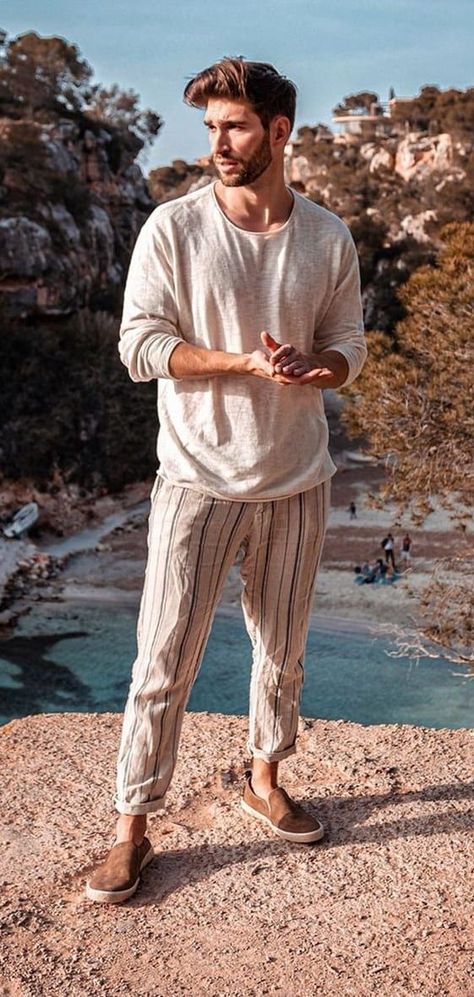 Mens Linen Pants Outfit, Linen Outfits For Men, Linen Outfit Men, Bohemian Outfit Men, Mens Linen Outfits, Boho Men Style, Linen Outfits, Beach Outfit Men, Linen Style Fashion