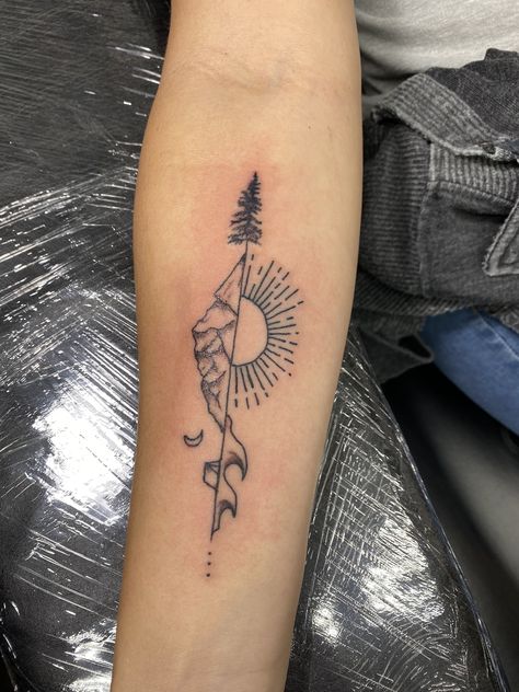 Nature Arrow Tattoo, Forearm Tattoos Linework, Outdoorsy Tattoos Men, Small Nature Tattoos Men, Simple Outdoor Tattoos, Nature Matching Tattoos, Word Tattoo Designs, Papa Tattoo, Small Nature Tattoo