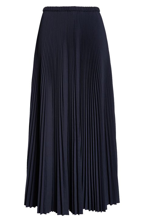 Accordion pleats add impeccable texture to this flowy and versatile maxi skirt. 35" length (size Medium) Elastic waist 82% polyester, 18% cotton Dry clean Imported Pleated Maxi Skirt Pattern, Zara Closet, Work Lookbook, Navy Blue Maxi Skirt, Maxi Pleated Skirt, Tzniut Fashion, Maxi Skirt Pattern, Minimalist Wardrobe Capsule, Blue Pleated Skirt